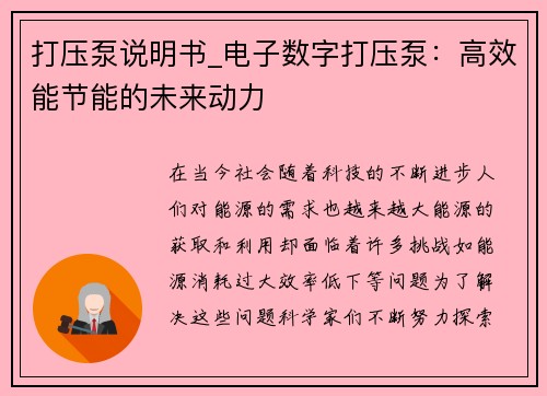 打压泵说明书_电子数字打压泵：高效能节能的未来动力